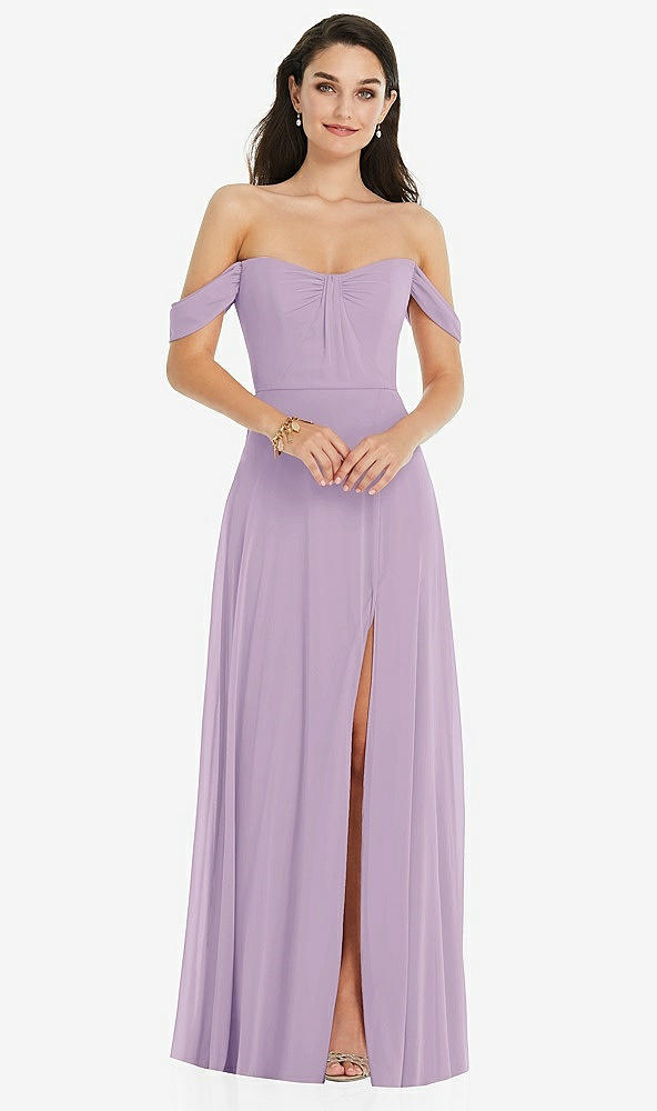 Front View - Pale Purple Off-the-Shoulder Draped Sleeve Maxi Dress with Front Slit