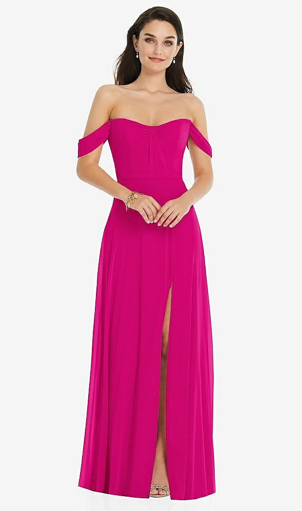 Front View - Think Pink Off-the-Shoulder Draped Sleeve Maxi Dress with Front Slit