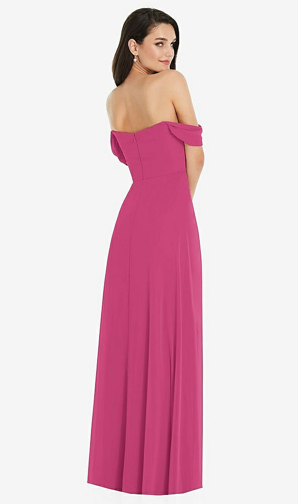 Back View - Tea Rose Off-the-Shoulder Draped Sleeve Maxi Dress with Front Slit