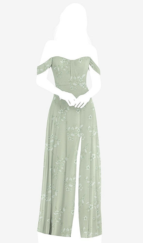 Front View - Vintage Primrose Sage Off-the-Shoulder Draped Sleeve Maxi Dress with Front Slit