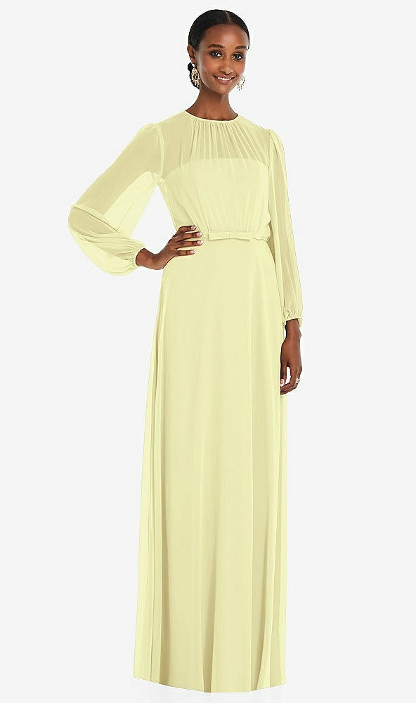 Front View - Butter Yellow Strapless Chiffon Maxi Dress with Puff Sleeve Blouson Overlay 