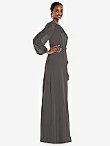 Side View Thumbnail - Caviar Gray Strapless Chiffon Maxi Dress with Puff Sleeve Blouson Overlay 