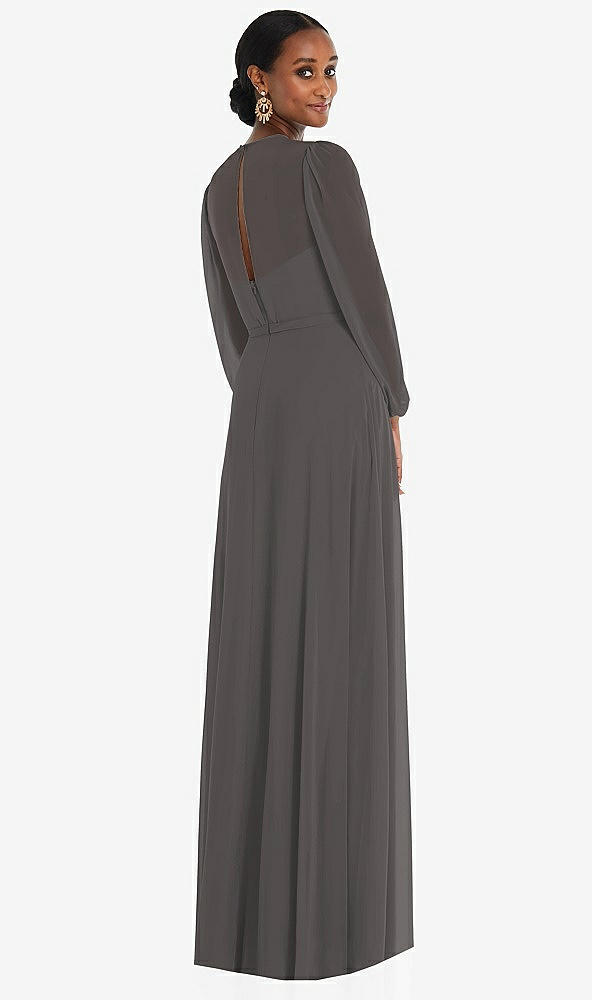 Back View - Caviar Gray Strapless Chiffon Maxi Dress with Puff Sleeve Blouson Overlay 