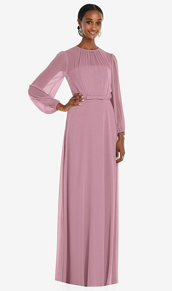 Front View - Dusty Pink Strapless Chiffon Maxi Dress with Puff Sleeve Blouson Overlay 