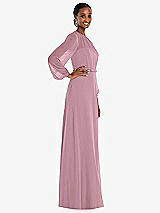 Side View Thumbnail - Dusty Pink Strapless Chiffon Maxi Dress with Puff Sleeve Blouson Overlay 