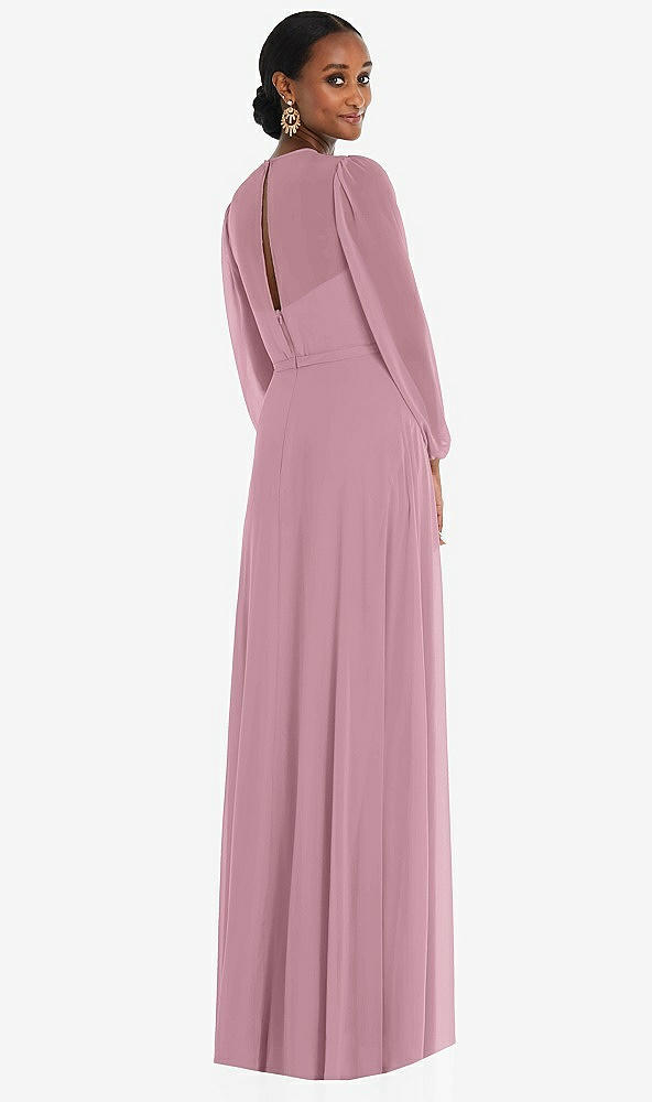 Back View - Dusty Pink Strapless Chiffon Maxi Dress with Puff Sleeve Blouson Overlay 