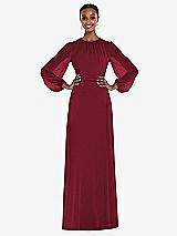 Alt View 1 Thumbnail - Burgundy Strapless Chiffon Maxi Dress with Puff Sleeve Blouson Overlay 