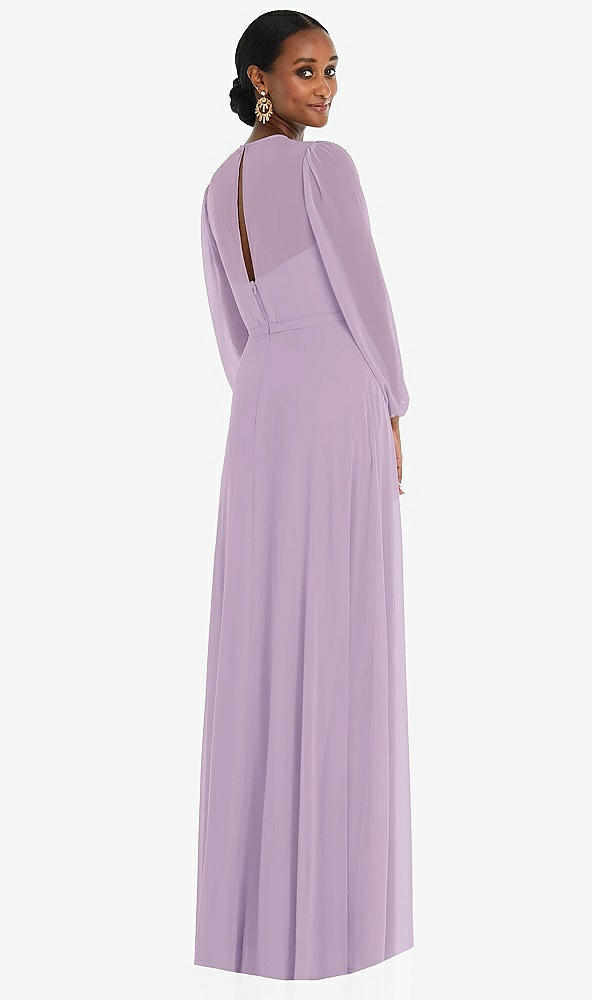 Back View - Pale Purple Strapless Chiffon Maxi Dress with Puff Sleeve Blouson Overlay 