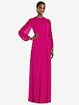 Front View Thumbnail - Think Pink Strapless Chiffon Maxi Dress with Puff Sleeve Blouson Overlay 