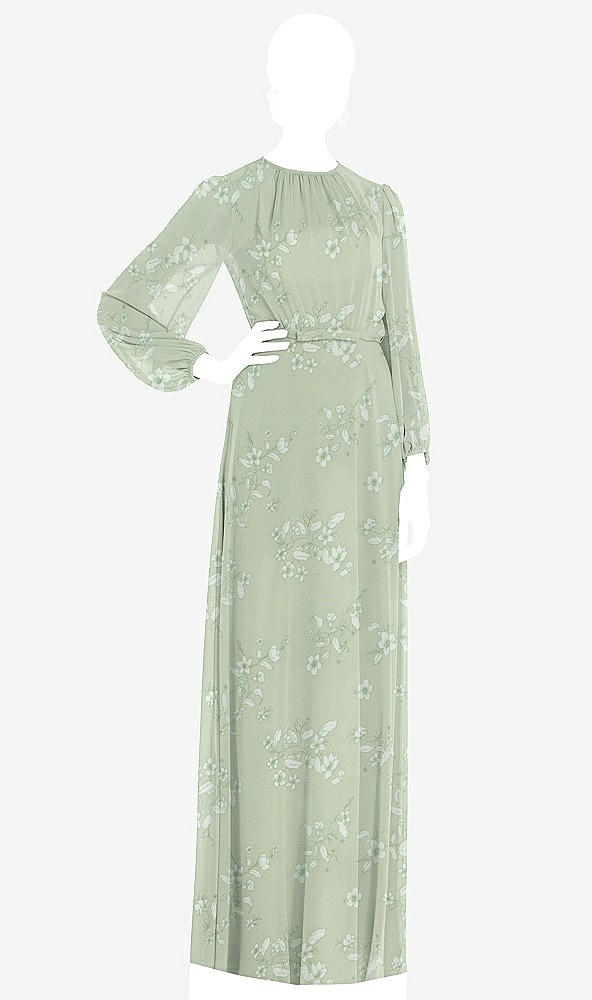 Front View - Vintage Primrose Sage Strapless Chiffon Maxi Dress with Puff Sleeve Blouson Overlay 