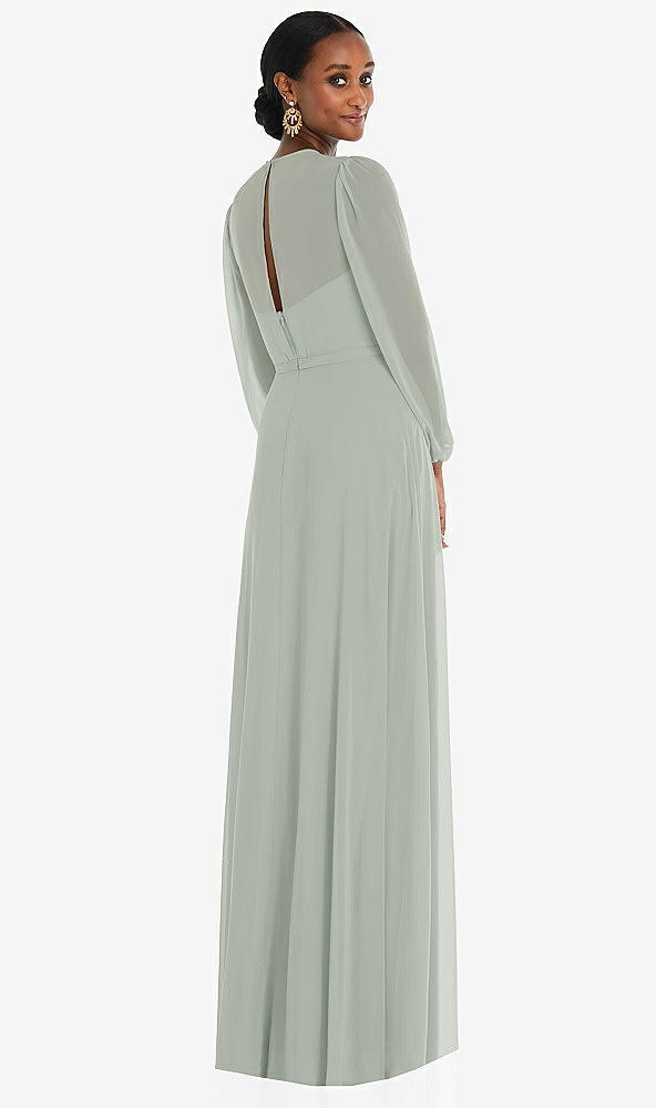 Back View - Willow Green Strapless Chiffon Maxi Dress with Puff Sleeve Blouson Overlay 