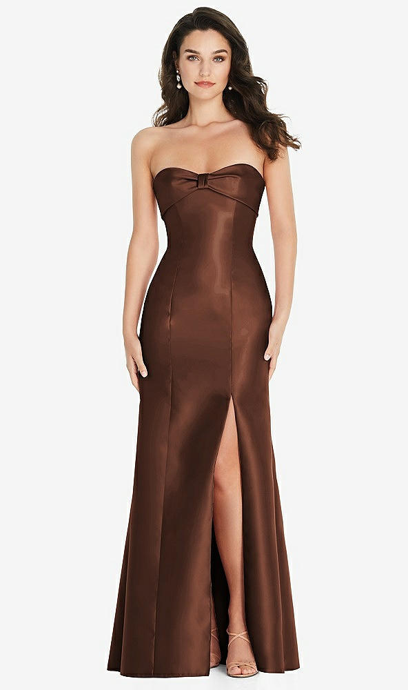 Front View - Cognac Bow Cuff Strapless Princess Waist Trumpet Gown