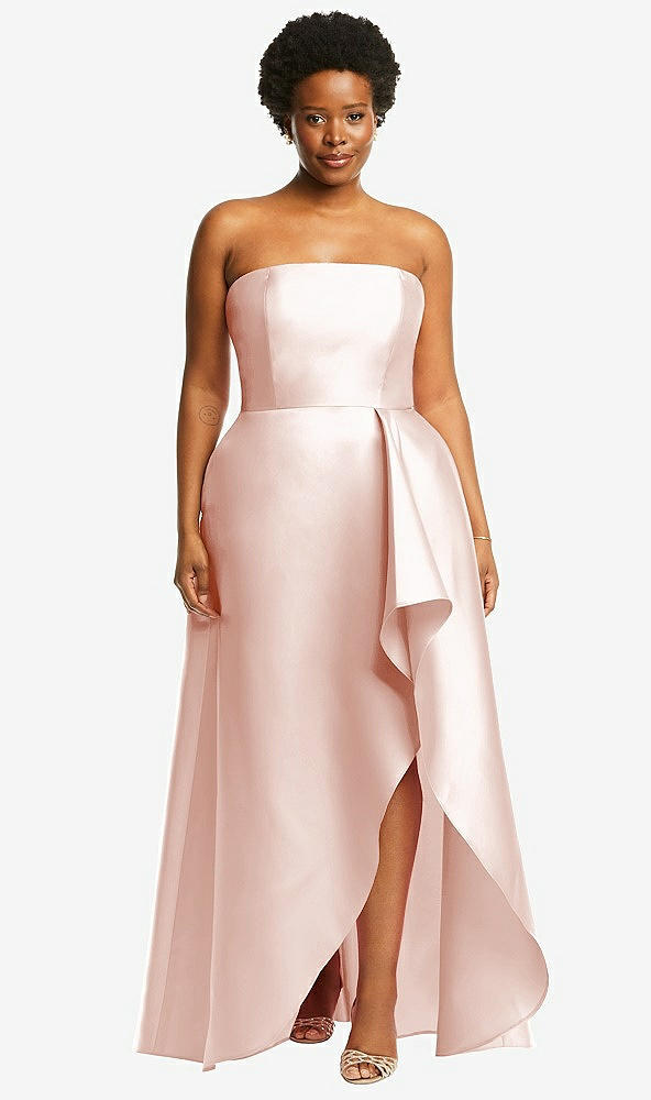 Front View - Blush Strapless Satin Gown with Draped Front Slit and Pockets