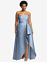 Front View Thumbnail - Cloudy Strapless Satin Gown with Draped Front Slit and Pockets