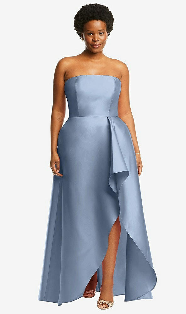 Front View - Cloudy Strapless Satin Gown with Draped Front Slit and Pockets