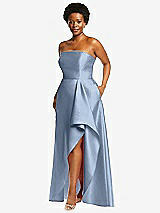 Side View Thumbnail - Cloudy Strapless Satin Gown with Draped Front Slit and Pockets