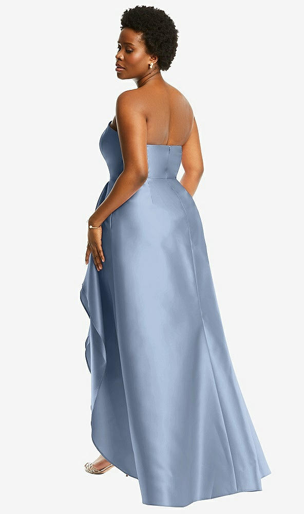 Back View - Cloudy Strapless Satin Gown with Draped Front Slit and Pockets