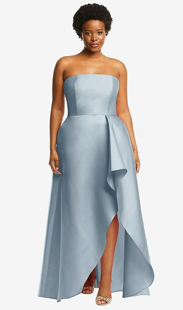 Front View - Mist Strapless Satin Gown with Draped Front Slit and Pockets