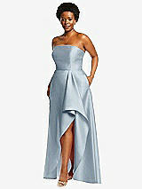 Side View Thumbnail - Mist Strapless Satin Gown with Draped Front Slit and Pockets