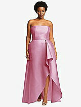 Front View Thumbnail - Powder Pink Strapless Satin Gown with Draped Front Slit and Pockets