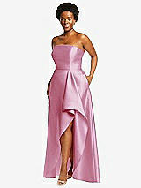 Side View Thumbnail - Powder Pink Strapless Satin Gown with Draped Front Slit and Pockets