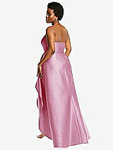 Rear View Thumbnail - Powder Pink Strapless Satin Gown with Draped Front Slit and Pockets