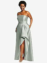 Side View Thumbnail - Willow Green Strapless Satin Gown with Draped Front Slit and Pockets