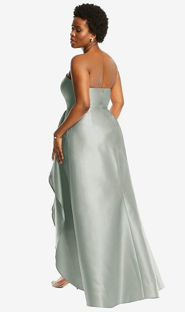 Back View - Willow Green Strapless Satin Gown with Draped Front Slit and Pockets