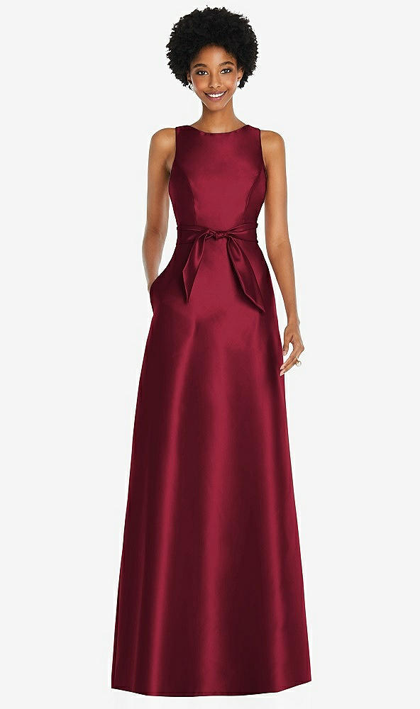 Front View - Burgundy Jewel-Neck V-Back Maxi Dress with Mini Sash