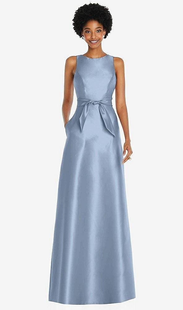 Front View - Cloudy Jewel-Neck V-Back Maxi Dress with Mini Sash