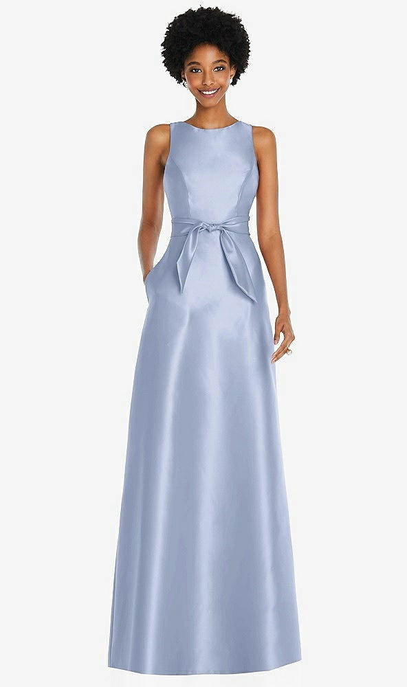 Front View - Sky Blue Jewel-Neck V-Back Maxi Dress with Mini Sash