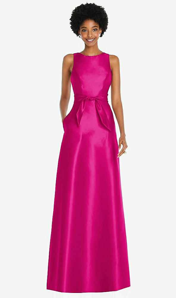 Front View - Think Pink Jewel-Neck V-Back Maxi Dress with Mini Sash