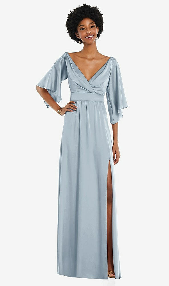 Front View - Mist Asymmetric Bell Sleeve Wrap Maxi Dress with Front Slit