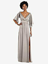 Front View Thumbnail - Taupe Asymmetric Bell Sleeve Wrap Maxi Dress with Front Slit