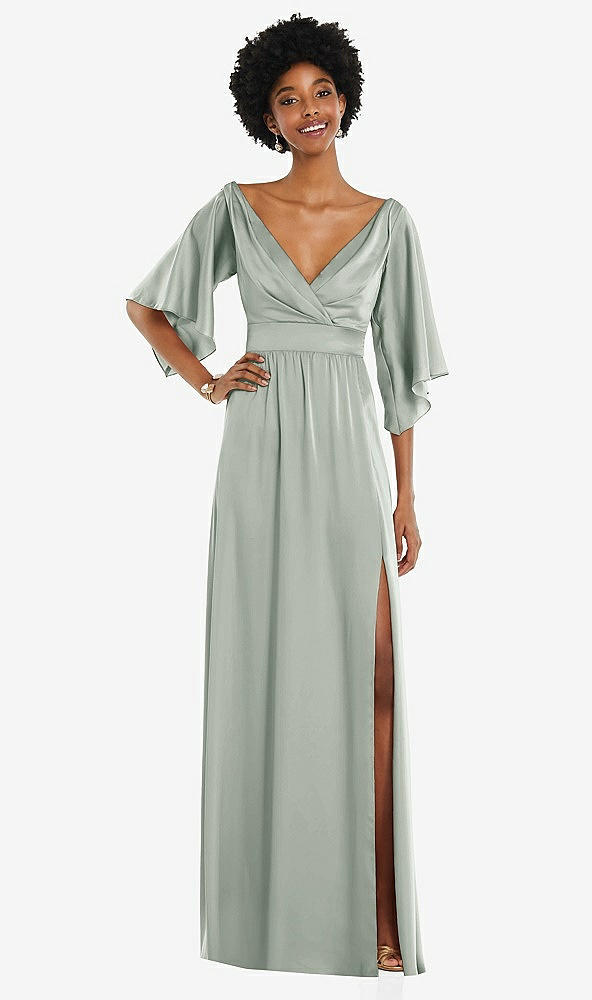 Front View - Willow Green Asymmetric Bell Sleeve Wrap Maxi Dress with Front Slit