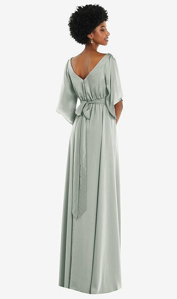 Back View - Willow Green Asymmetric Bell Sleeve Wrap Maxi Dress with Front Slit