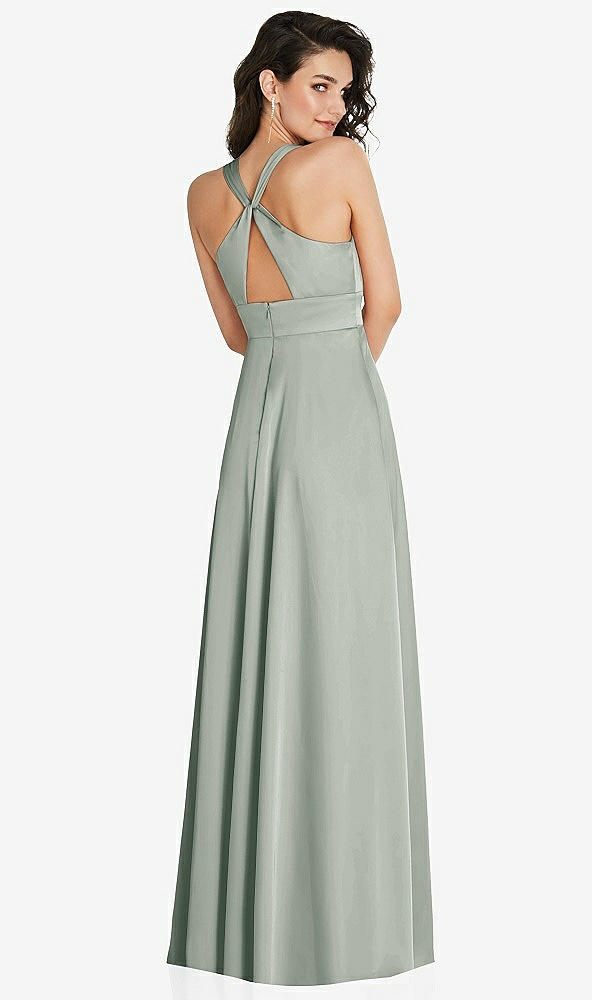 Back View - Willow Green Shirred Shoulder Criss Cross Back Maxi Dress with Front Slit