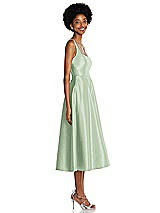 Side View Thumbnail - Celadon Square Neck Full Skirt Satin Midi Dress with Pockets