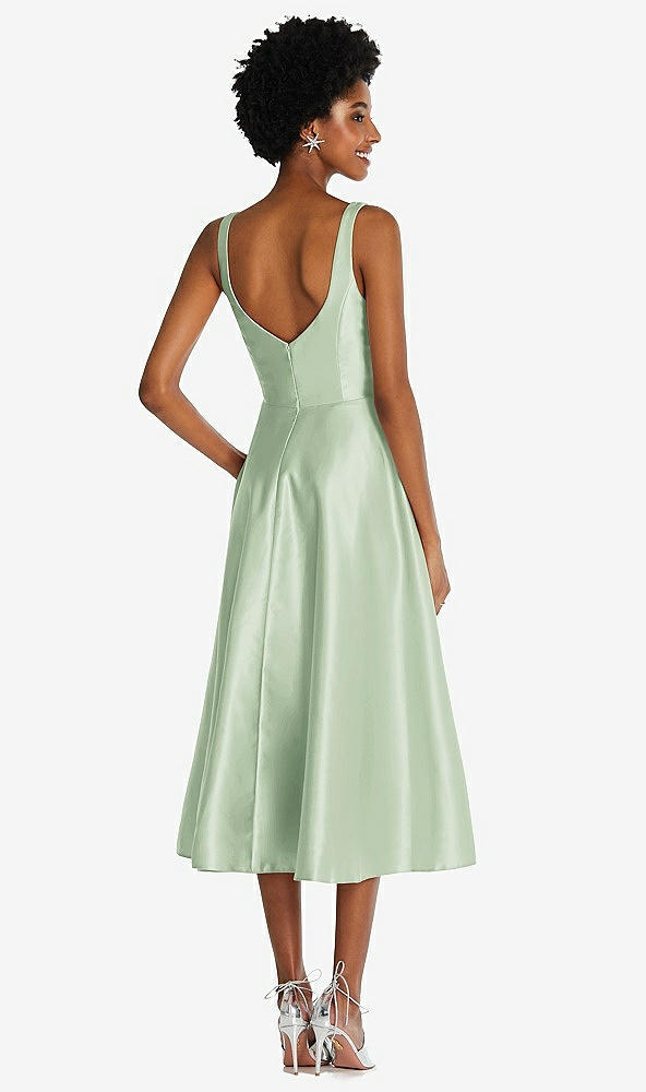 Back View - Celadon Square Neck Full Skirt Satin Midi Dress with Pockets