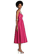 Side View Thumbnail - Posie Square Neck Full Skirt Satin Midi Dress with Pockets