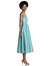 Side View Thumbnail - Spa Square Neck Full Skirt Satin Midi Dress with Pockets