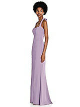 Side View Thumbnail - Pale Purple Tie Halter Open Back Trumpet Gown 