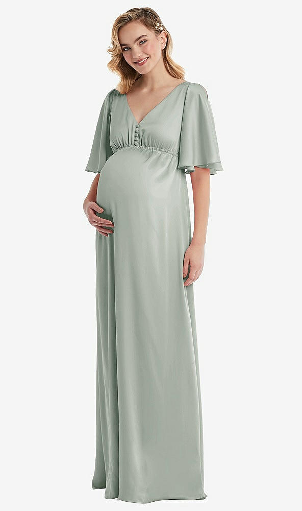 Front View - Willow Green Flutter Bell Sleeve Empire Maternity Dress
