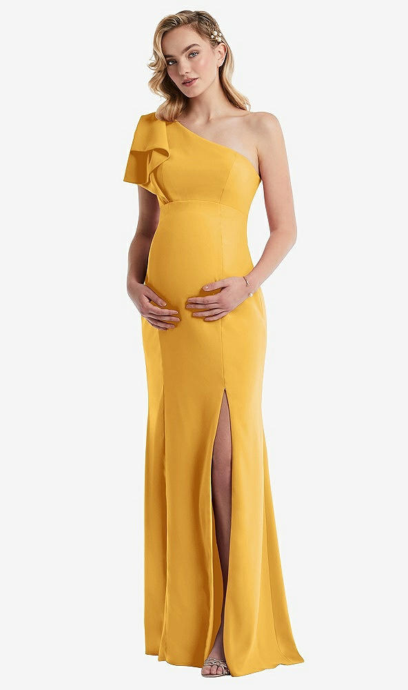 Front View - NYC Yellow One-Shoulder Ruffle Sleeve Maternity Trumpet Gown