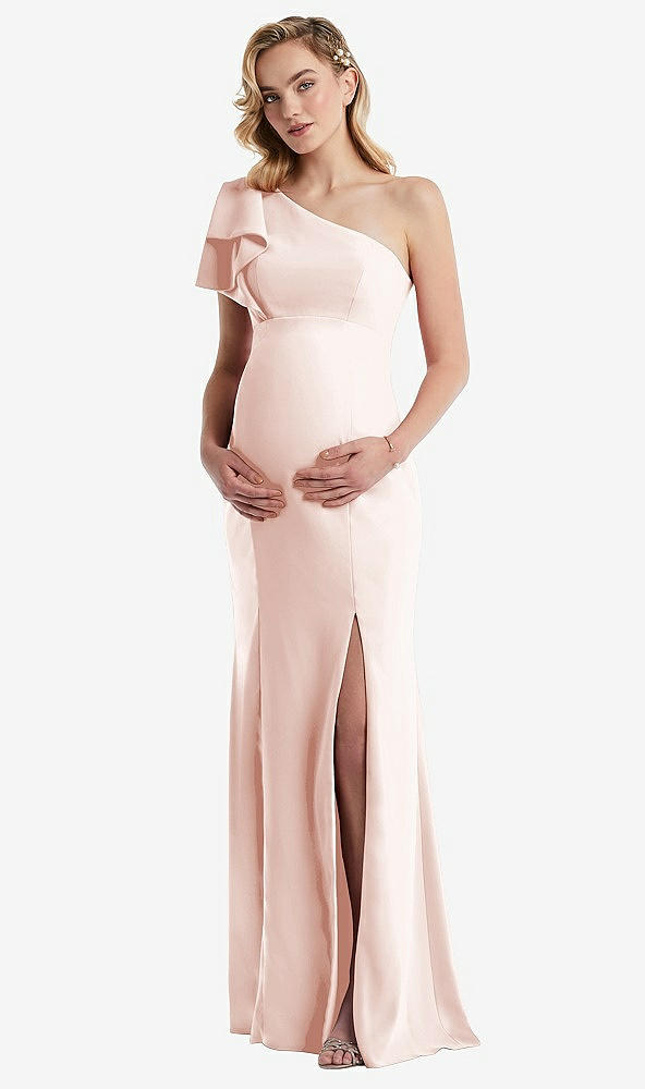 Front View - Blush One-Shoulder Ruffle Sleeve Maternity Trumpet Gown