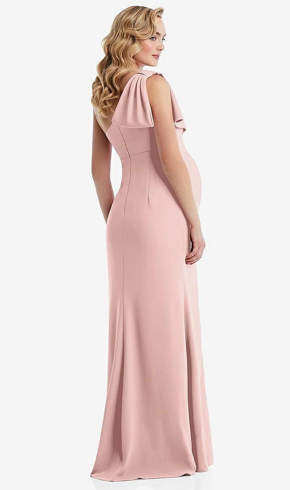 Back View - Rose - PANTONE Rose Quartz One-Shoulder Ruffle Sleeve Maternity Trumpet Gown