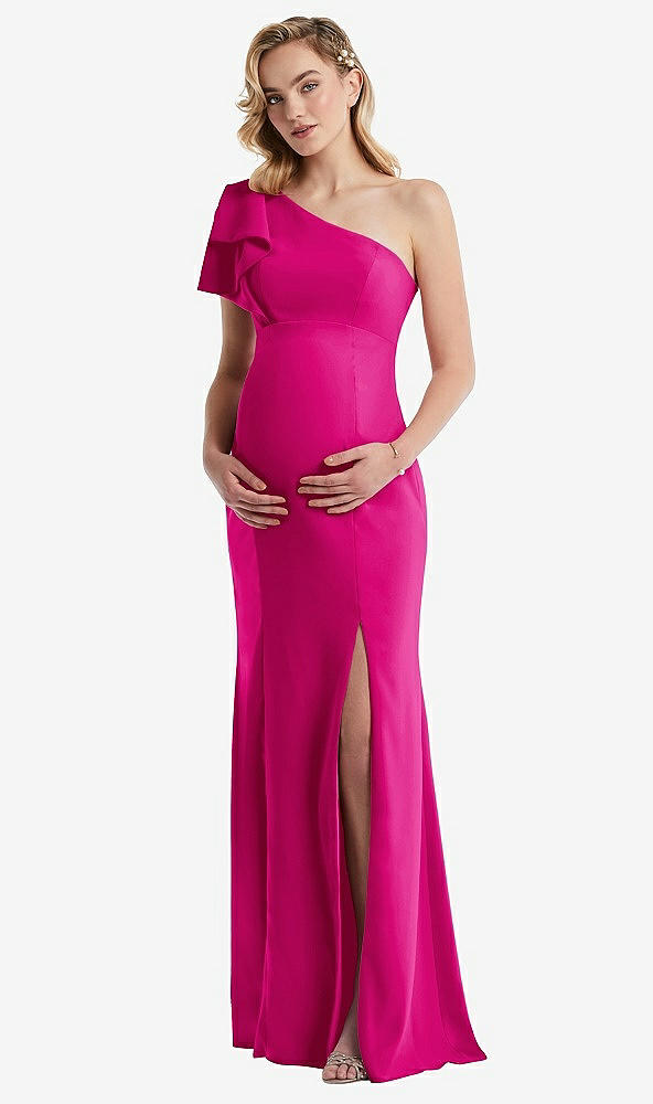 Front View - Think Pink One-Shoulder Ruffle Sleeve Maternity Trumpet Gown