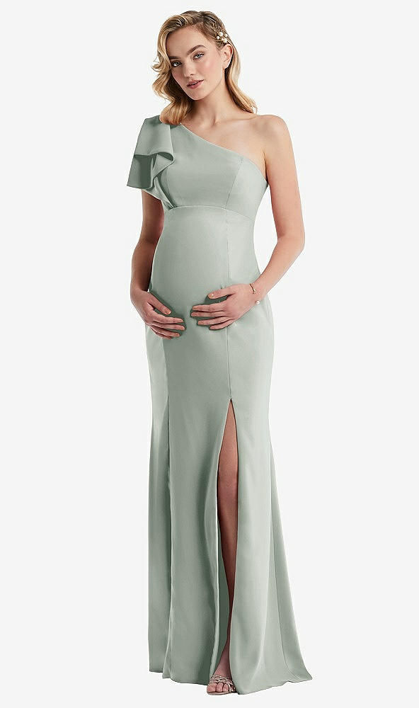 Front View - Willow Green One-Shoulder Ruffle Sleeve Maternity Trumpet Gown