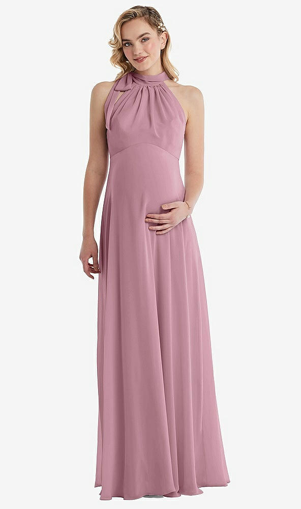 Front View - Dusty Pink Scarf Tie High Neck Halter Chiffon Maternity Dress