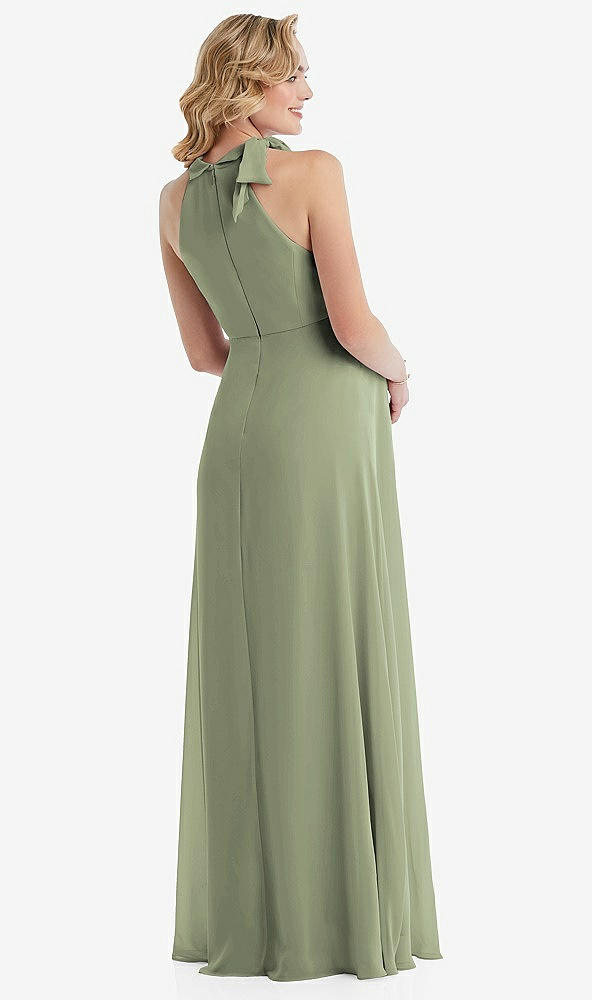 Back View - Sage Scarf Tie High Neck Halter Chiffon Maternity Dress